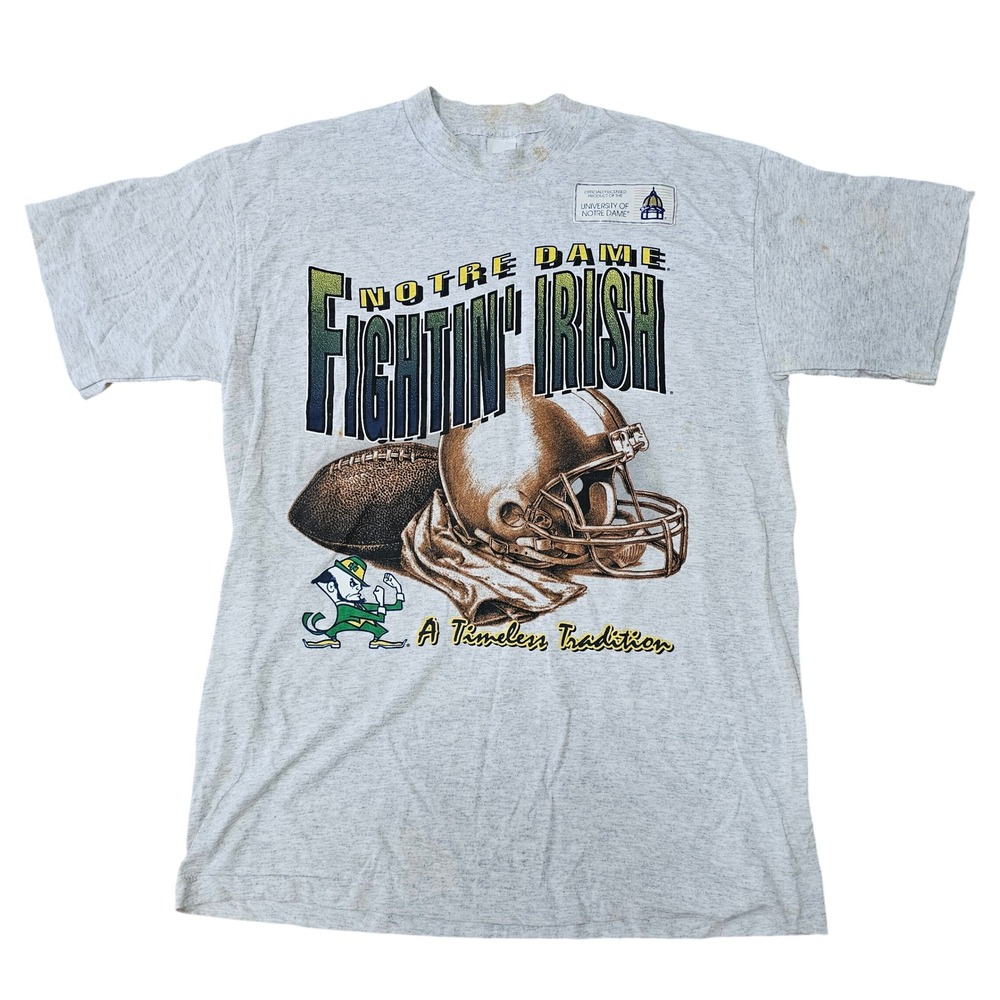 Notre Dame Vintage Single Stitch Fighting Irish T-Shirt Mens L‎ Gray Made in USA